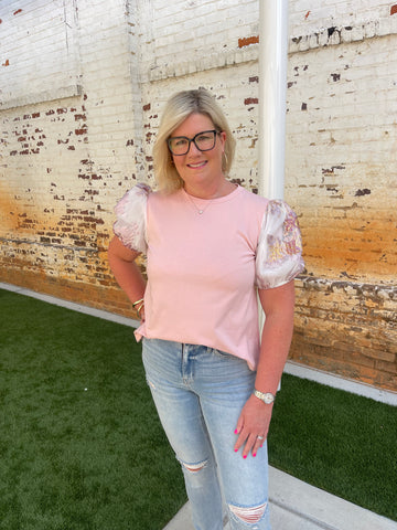 Pink and Gold Puffed Sleeve Blouse