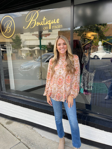 Tan Flower Long Sleeve Blouse