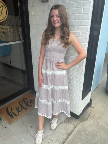 Taupe Strapless Stripe Dress