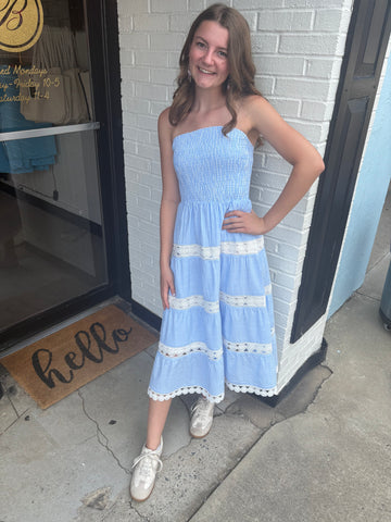Baby Blue Strapless Stripe Dress