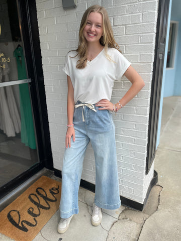Light Wash Wide Leg Tie Jeans