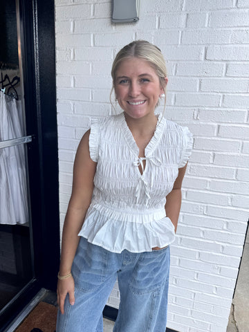 White Ruffle Tie Top