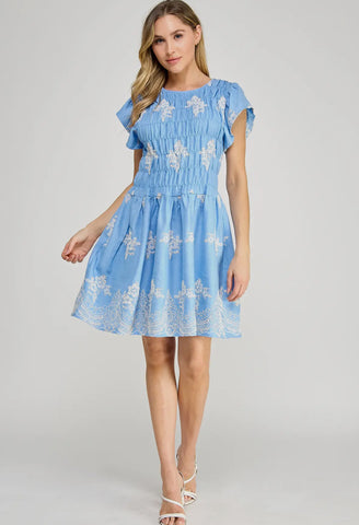 Blue and White Embroidery Dress