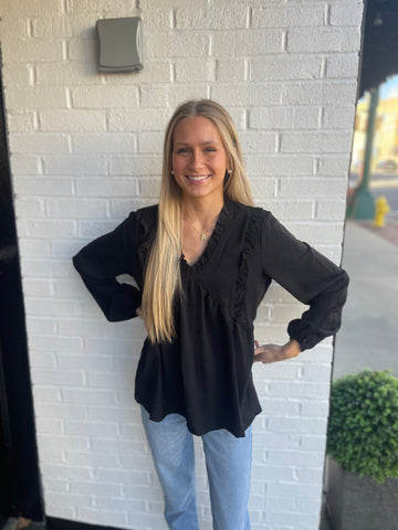 Black Ruffle Long Sleeve Blouse